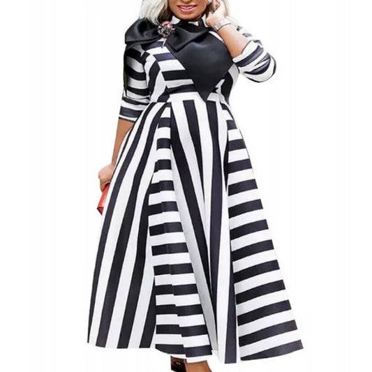 Macy Dress Women High Waist Big Swing Robes Gown With Bow Fashion New Stripe Print Elegant Streetwear African Long Dress