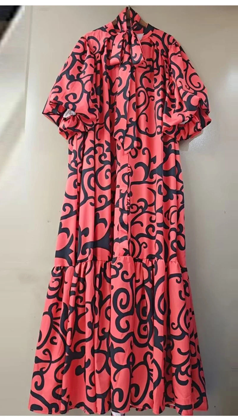 Maxy Elegant single-breasted bubble short sleeve geometric printing casual loose dress summer ladies temperament lace-up dress