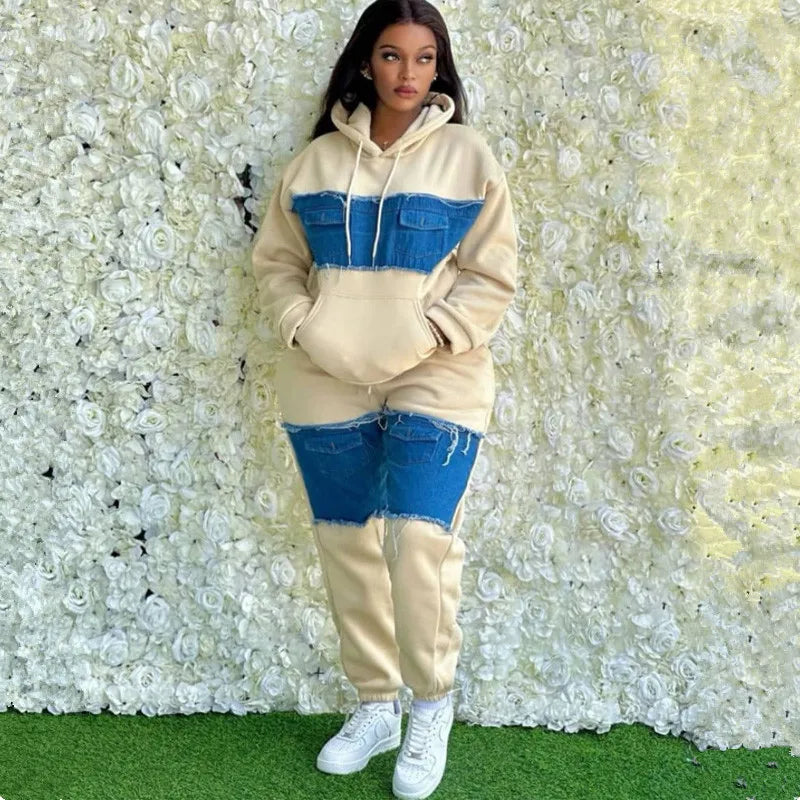 Maxy Fashion 2 Piece Women Set Thick Warm Long Sleeve Denim Patchwork Top And Pants Suit Streetwear