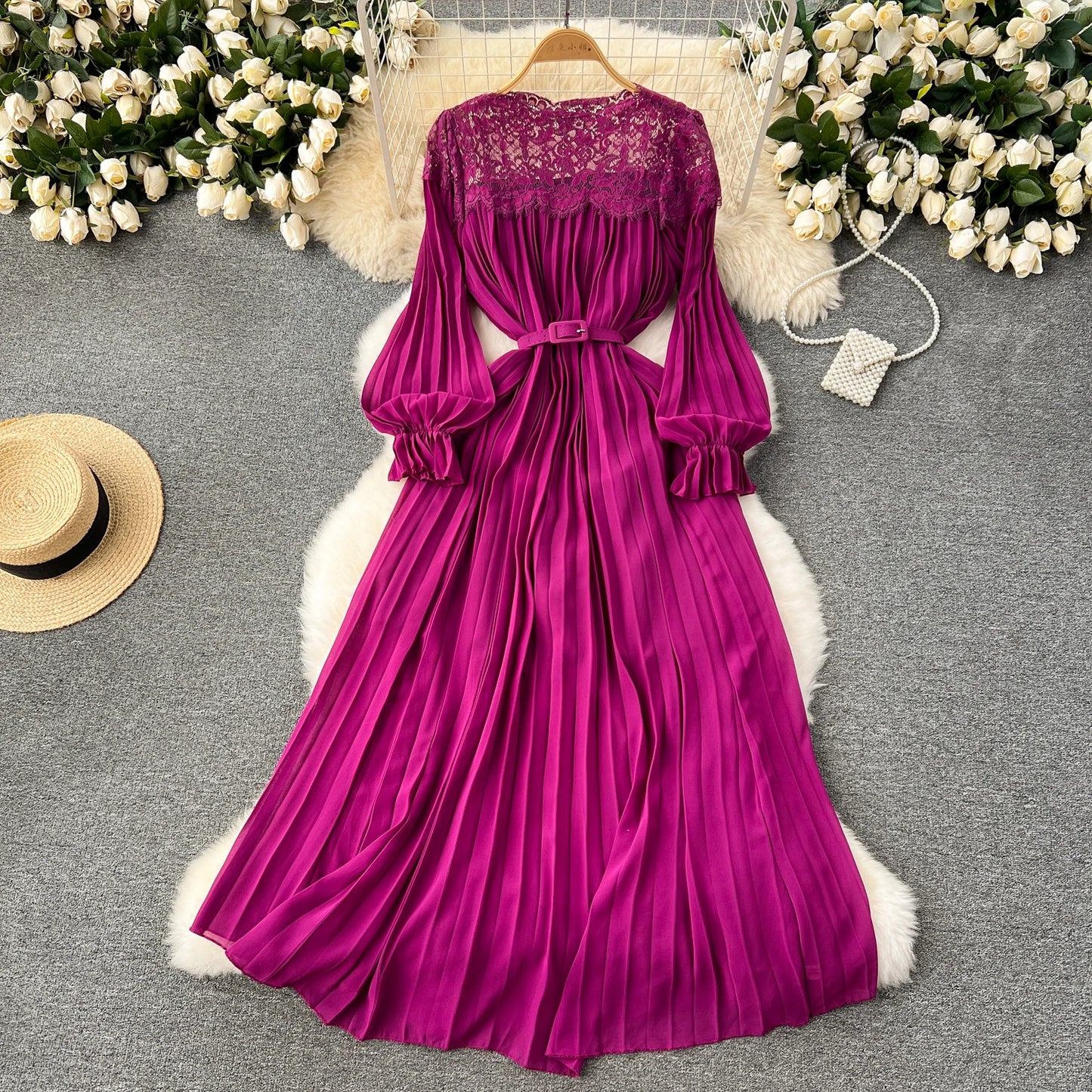 Spring Summer Women Hollow Out Lace Patchwork Pleated Long Dress Vintage Red/Blue/Purple Draped Maxi Vestidos Female Robe New