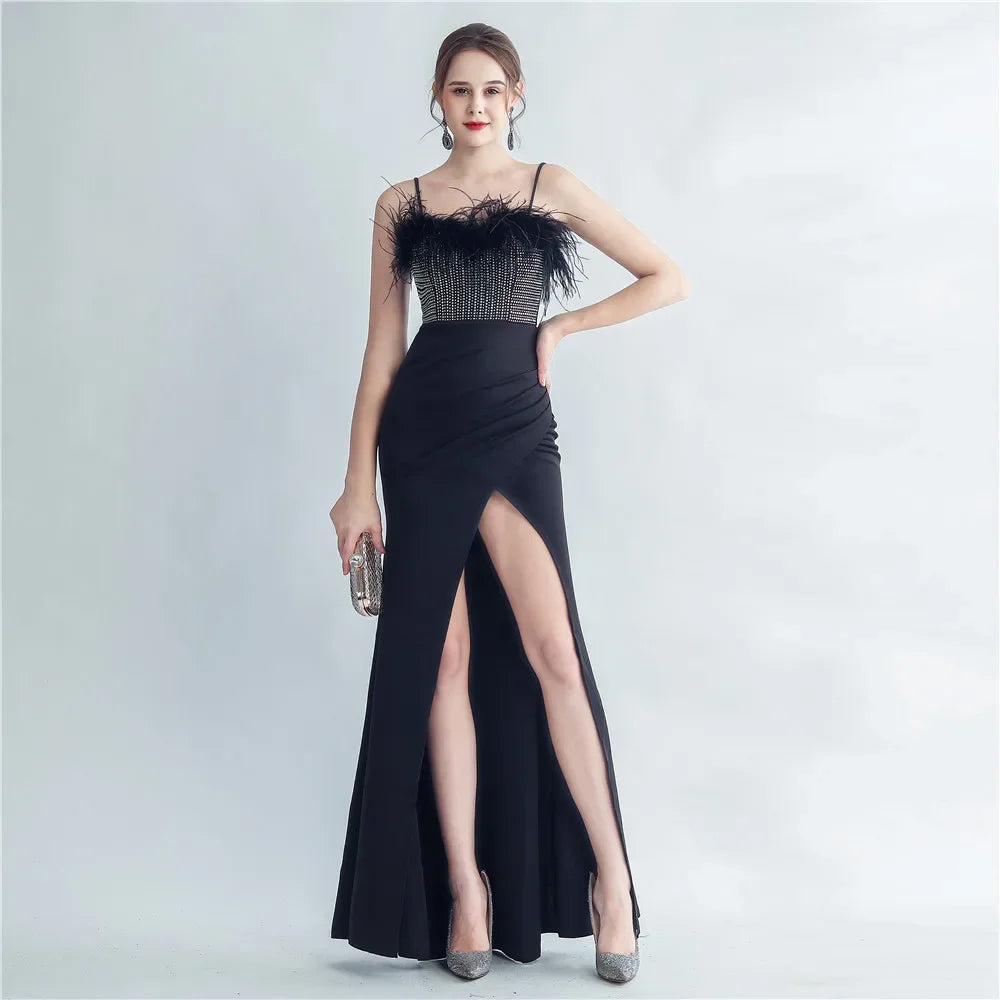 Babs Sequin Sexy Bust Beading With Feather Spaghetti Strap Slit Long Mermaid Party Night Dresses