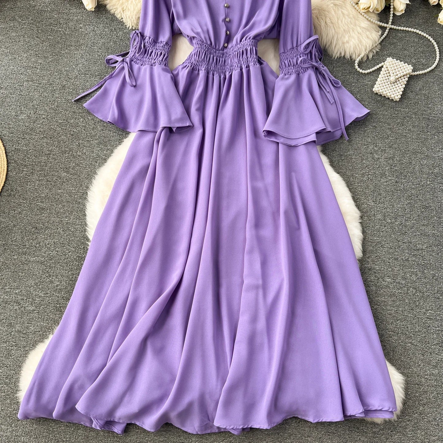 Maxy Purple/Green/Red Pleated Maxy Long Dress Women Vintage V-Neck Flare Sleeve Draped Ruffle Female Maxy Robe Summer