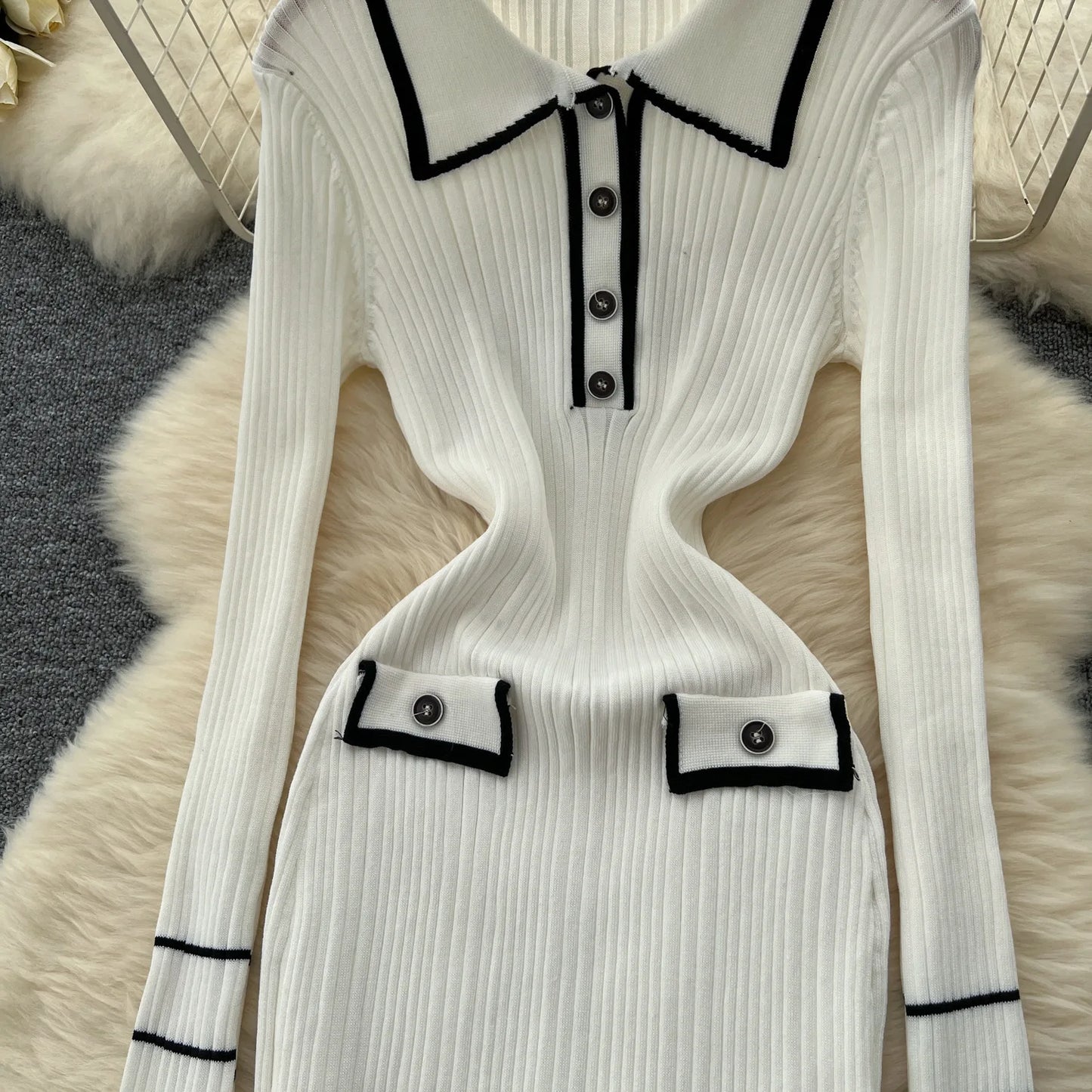 Macy French Vintage Knitted Dress Women Lapel Long Sleeved Slim Bodycon Dresses Ladies Slim Elegant Spring Autumn Long Robe Vestidos