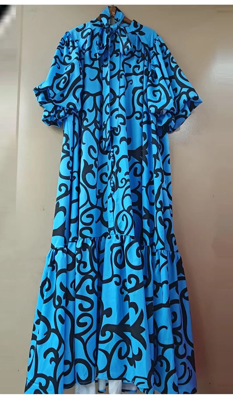 Maxy Elegant single-breasted bubble short sleeve geometric printing casual loose dress summer ladies temperament lace-up dress