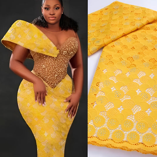 Maxy Yellow African Water-Soluble Lace Fabric 2.5Yards African Guipure Cord Lace Fabric For Women Wedding Party Sew Dress F3065