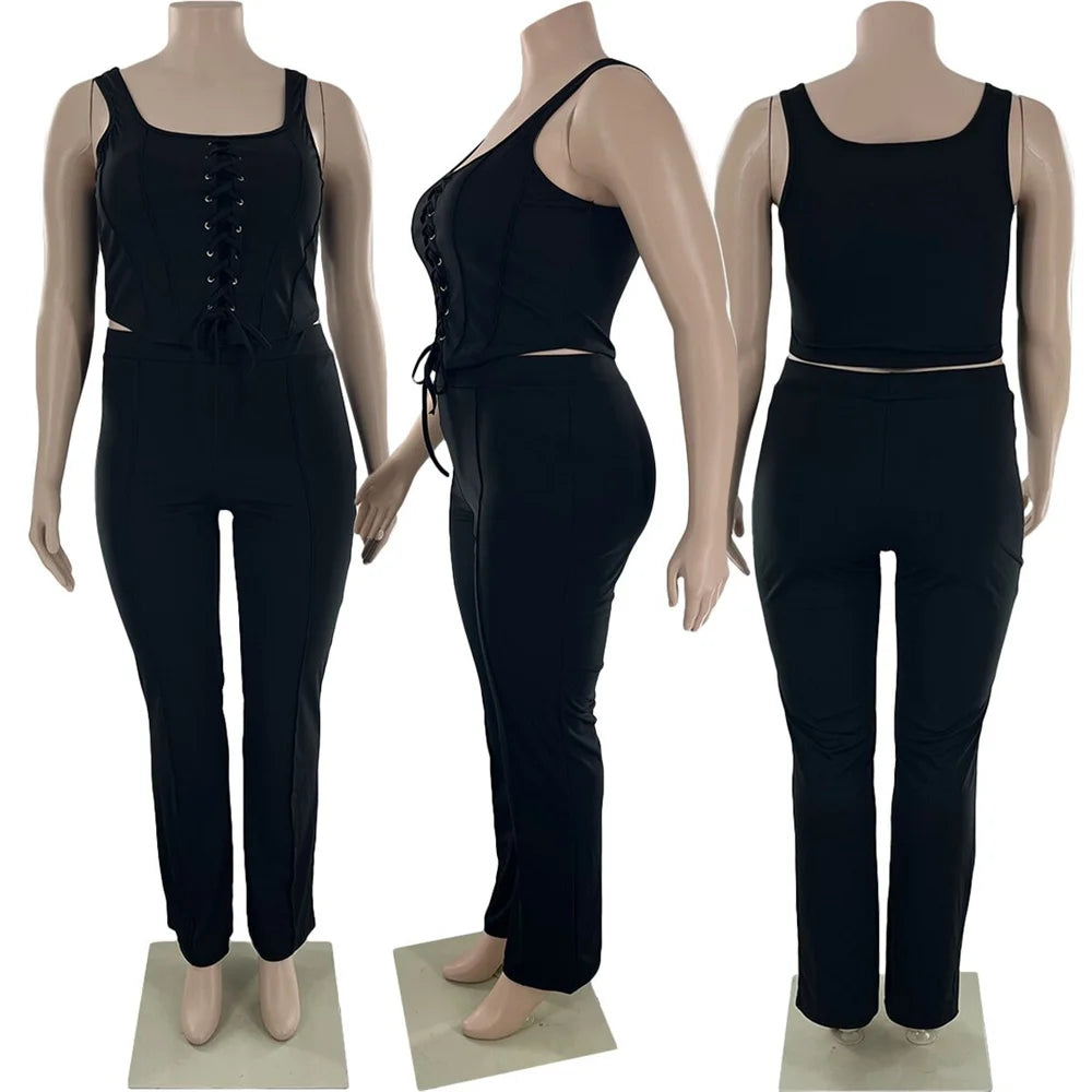 Maxy Plus Size Women Clothing 2 Piece Outfits Summer Bandage Top Flared Pants Fashion Matching Sets