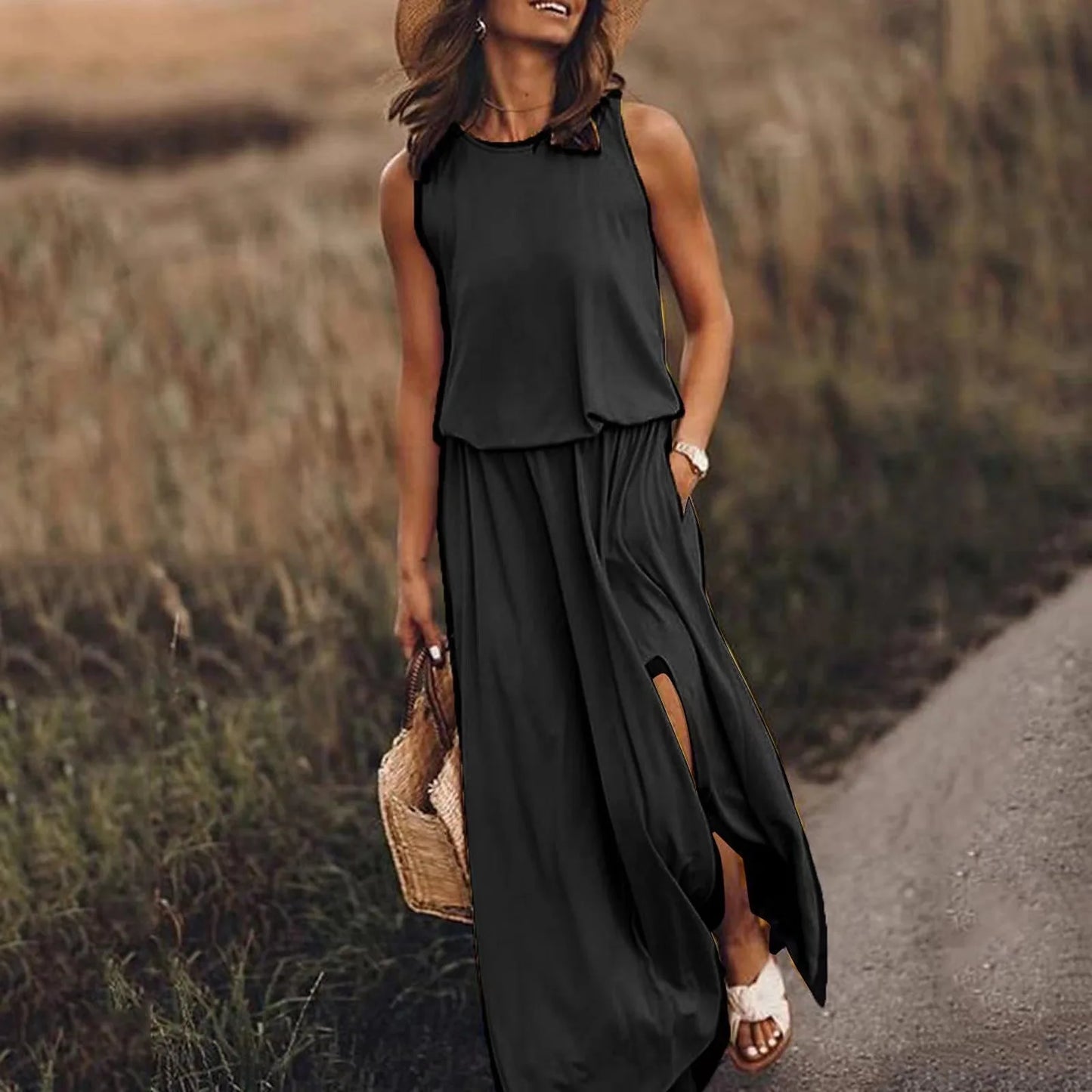 Babs Summer Women's Long Dress Black Oversize O-neck Sleeveless Elegant Office Dresses Female Trendy Casual Fashion Clothes Lady