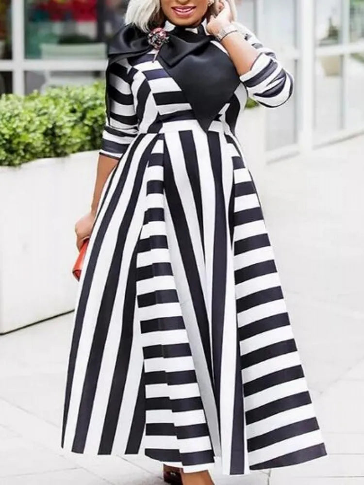 Macy Dress Women High Waist Big Swing Robes Gown With Bow Fashion New Stripe Print Elegant Streetwear African Long Dress