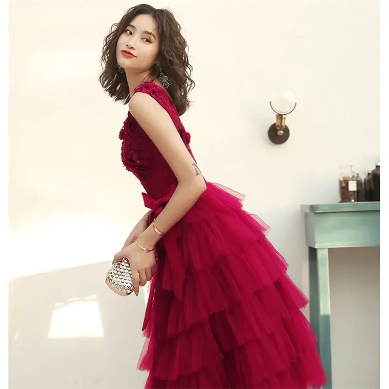 Babs Dresses Burgundy Tulle Beads Floral V-Neck Plus Size A-line Tiered Tea-Length Plus size Woman Party Gowns Robe E832