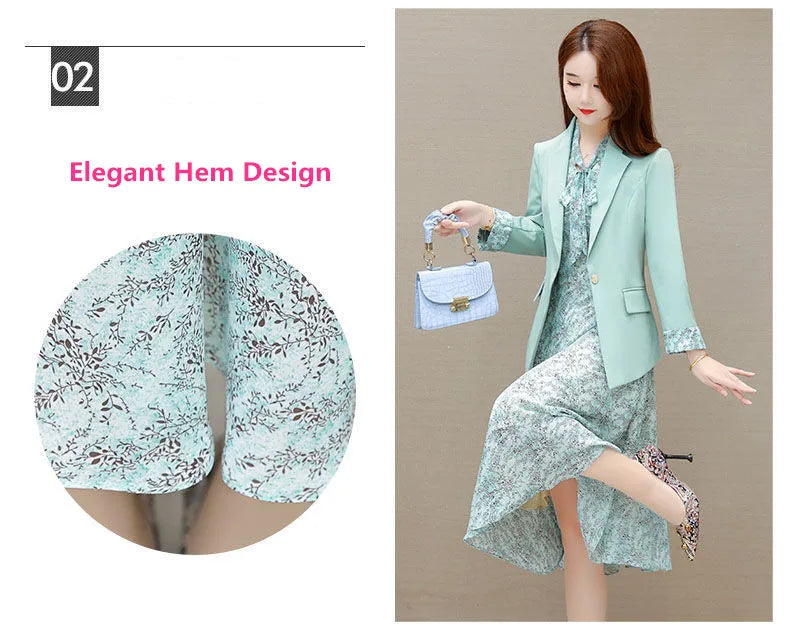 Korean Babs Elegant Suit Jacket Dress Set Women's Autumn New Fashion Blazer Coat Chiffon Floral Dresses Two Piece Female Clothing