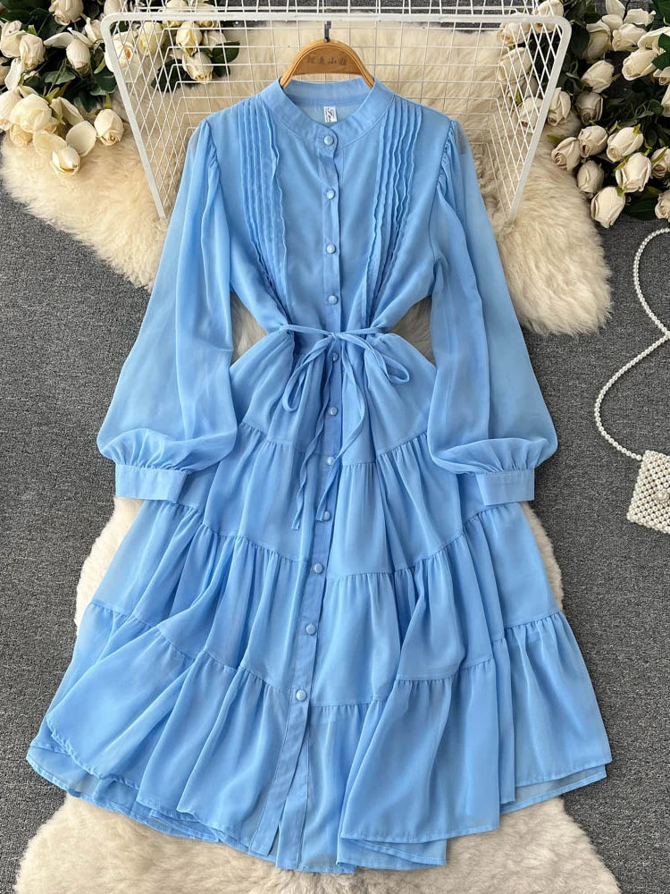 Maxy Spring Autumn Women Purple/Yellow/Blue Draped Chiffon Midi Dress Elegant Stand Collar Single Breasted Lantern Sleeve dress