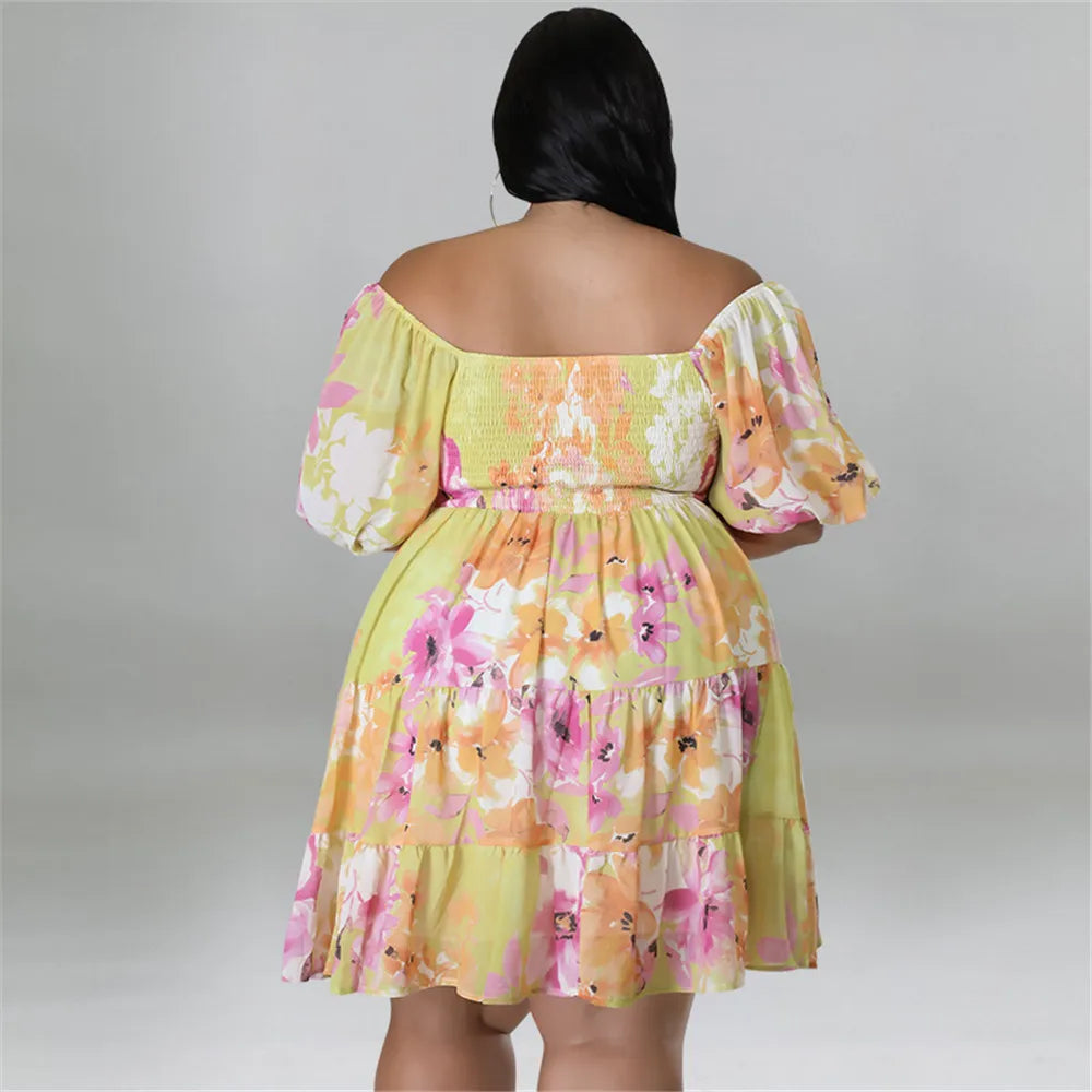 Maxy Plus Size Summer Dresses Women's Clothing Flower Printed One Shoulder Elegant Mini Dress Hot Sale