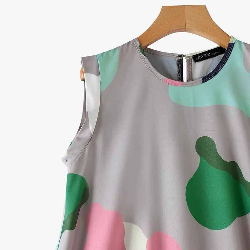 Maxy Summer Holiday Printing Dress Women O-neck Sleeveless Knee Robes 2024 Vintage Loose Tank Sundress Beach Oversize dress