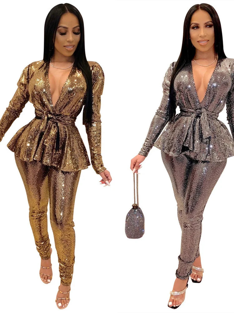 Maxy Two Piece Set Women Clothing Party Sequins Sexy V Neck Top Leggings Matching Club Outfits