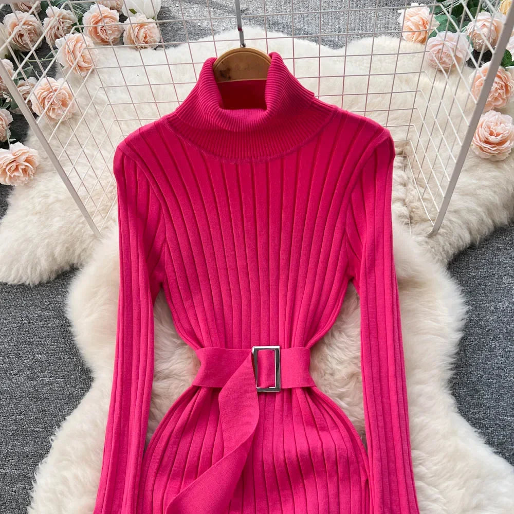 Babs Green Winter Turtleneck Sexy Women Dress Autumn Long Sleeve Skinny Macy  Bodycon Casual Sweater With Belt Party Club