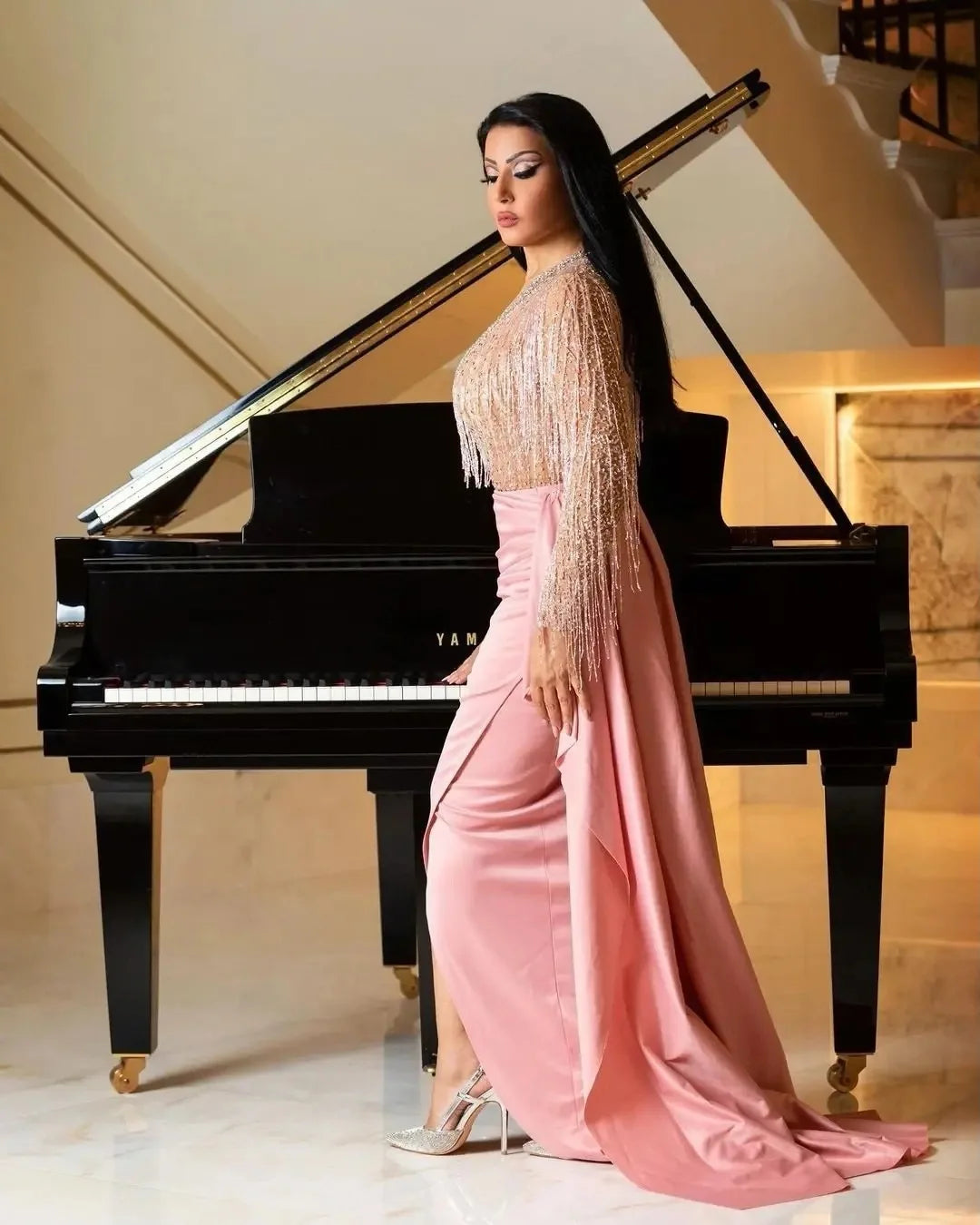 Maxy New arrival fashion sexy V-neck tassel slim fit elegant split gown long sleeved temperament casual ladies evening dress