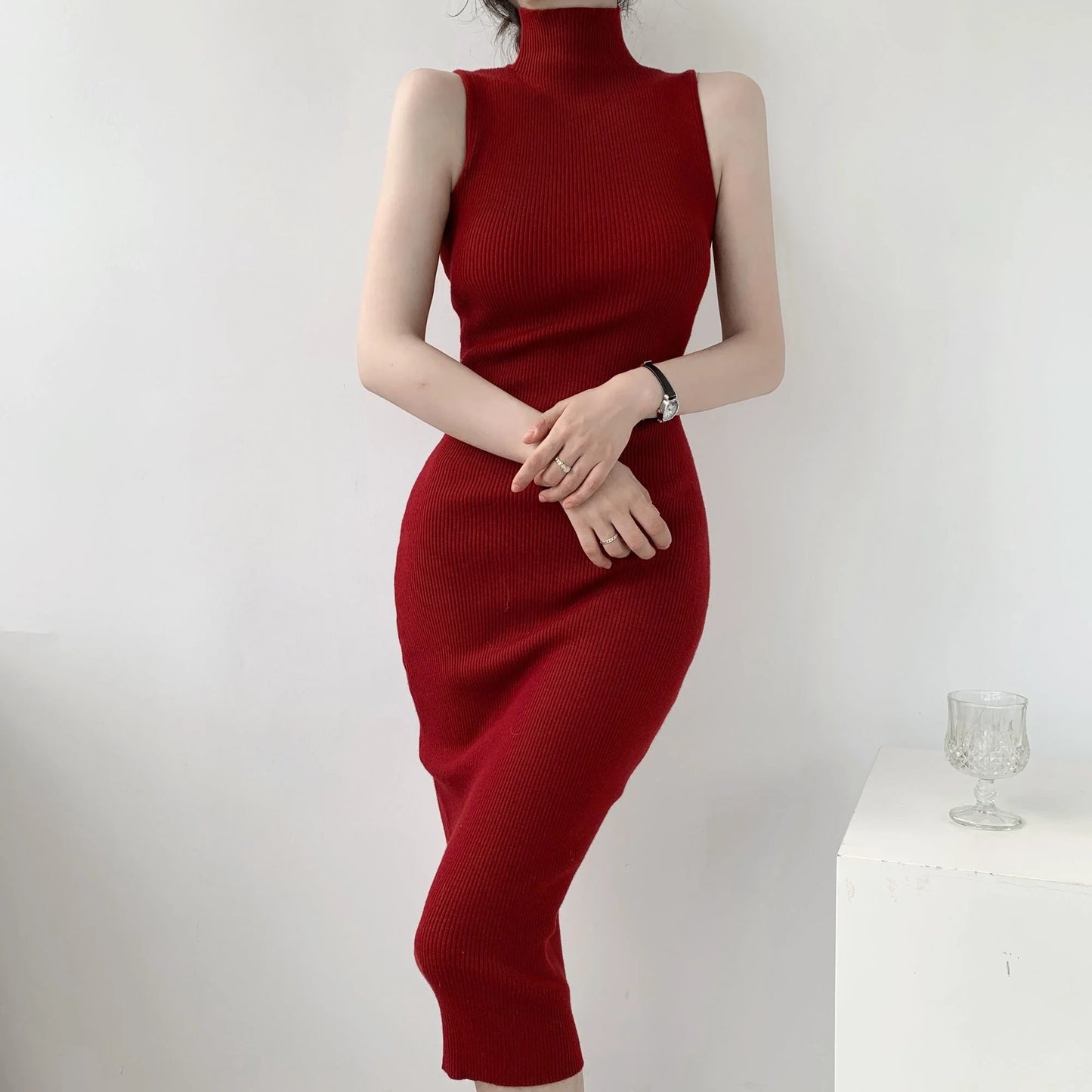 Maxy WOMEN GAGA French Turtleneck Sleeveless Knitted Dress Women Autumn Slim High Waist Mid Length Slim Hip Wrap Dresses Tops DH8G