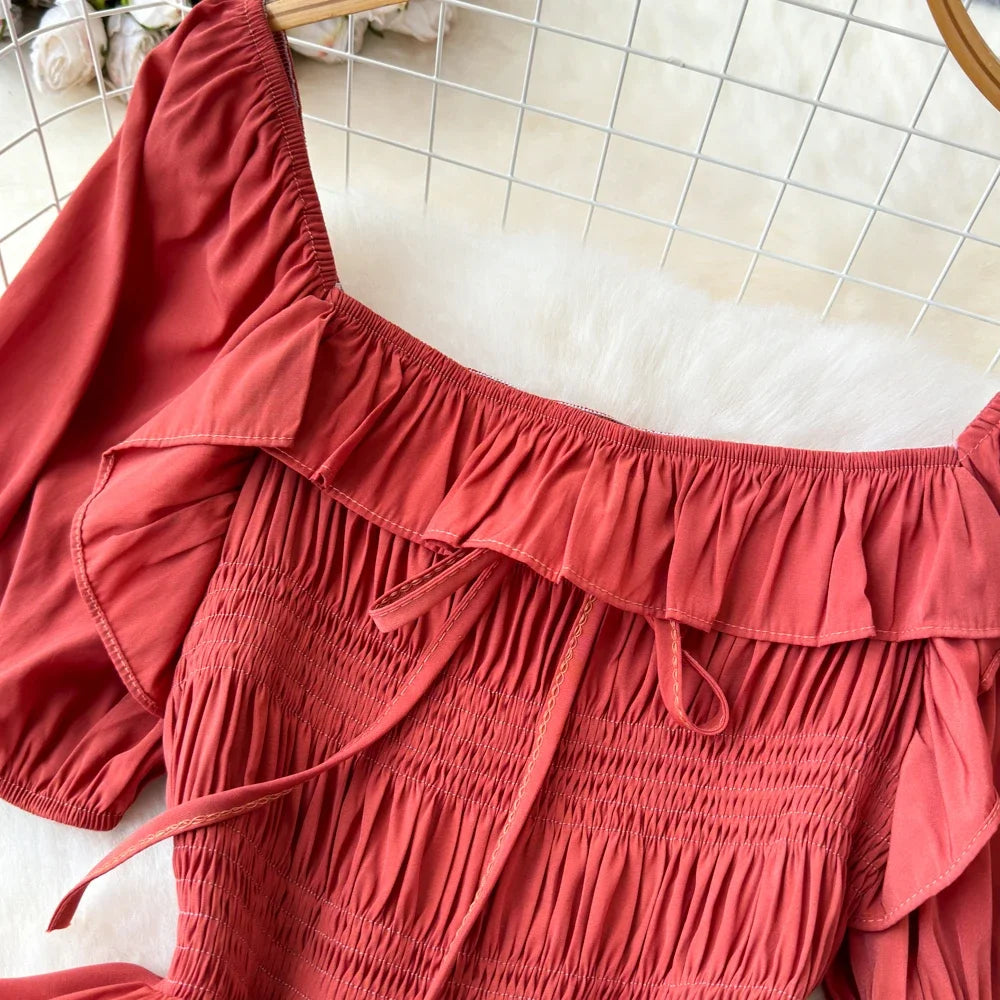 Babs Chic Elegant Square Collar Macy Dress Women Solid Short Puff Sleeve Dresses 2024 Korean Fashion Vintage Ruffle Vestidos