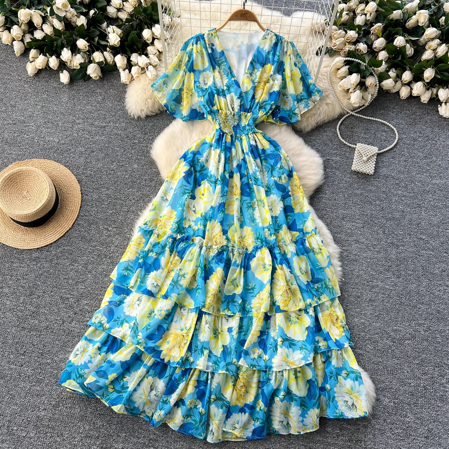 Maxy v neck Butterfly sleeve print elegant summer Dress A-line Flare Sleeve Vacation print Women dresses