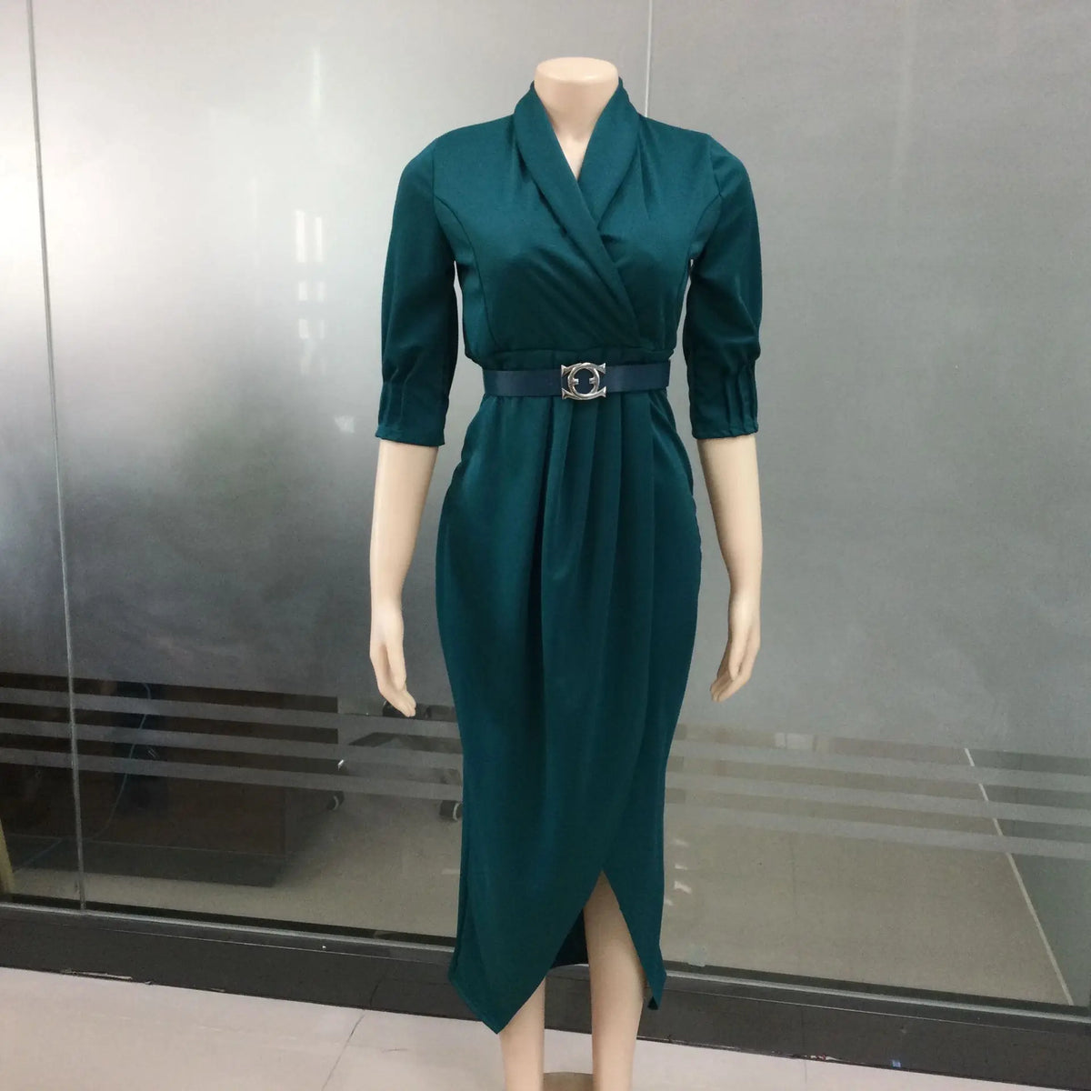 Maxy Elegant Office Ladies Dresses Women Fall Clothes Plus Size Long Sleeve Slim 3XL Dresses With Belt