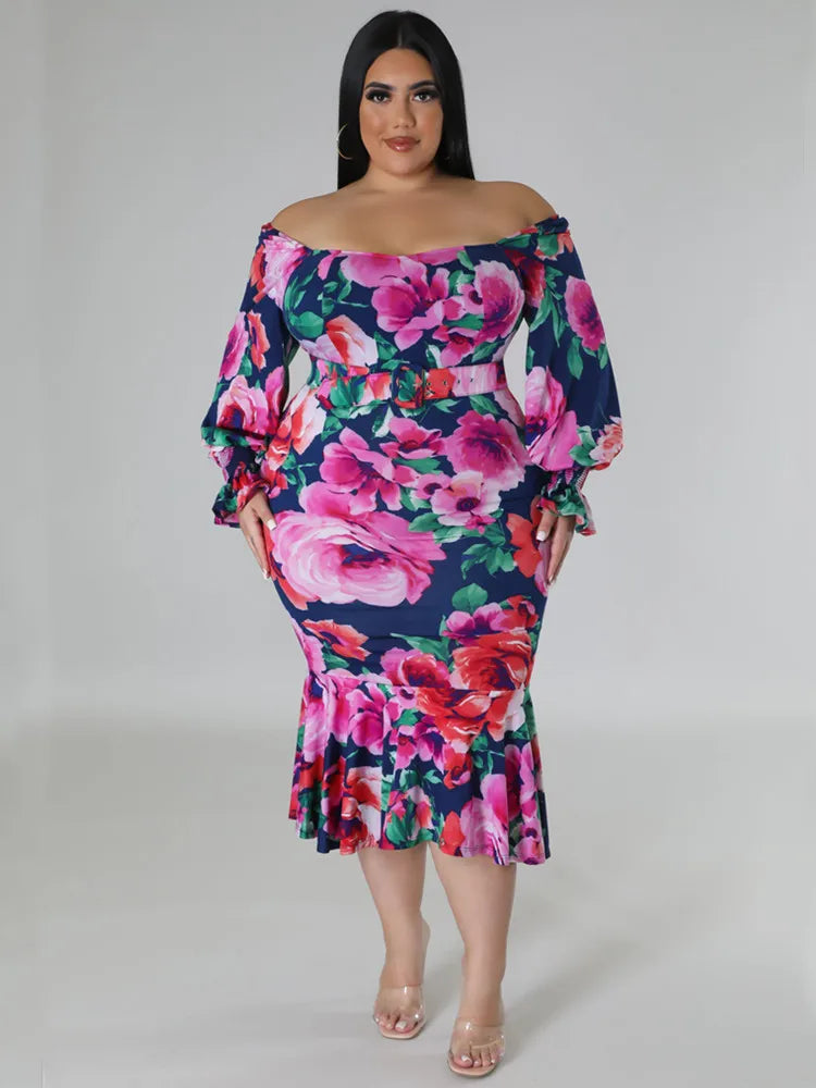 Maxy Plus Size Dresses for Women Summer Holiday Clothing Floral Print Off Shoulder Dress with Belt