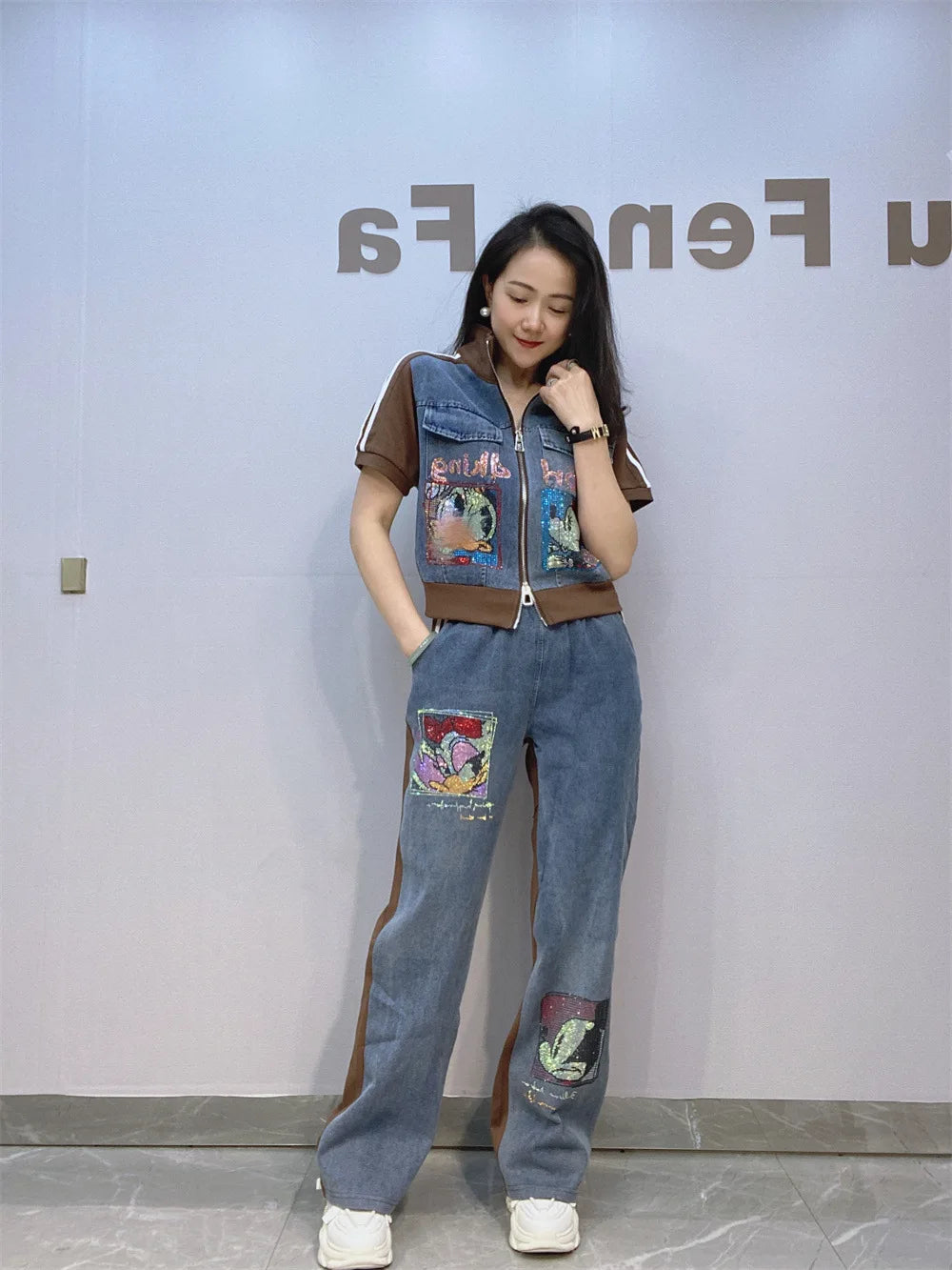 Maxy Short Zipper Cardigan and Pant Two-piece Sets Women Summer Fashion Sportswear Short Sleeve Top Long Pants Hot Diamond Denim Suit