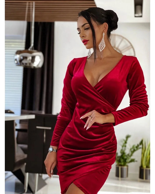 Maxy Deep V Neck Long Sleeve Rached Wrap Dress Casual Slim Cocktail Evening Dresses Red
