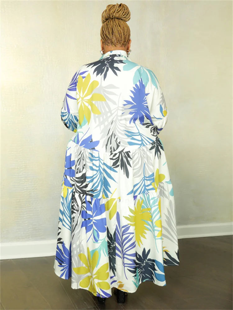 Maxy Plus Size Women Clothing Dresses Xl-5xl Flower Printed Long Sleeve Shirts Elegant Dress.