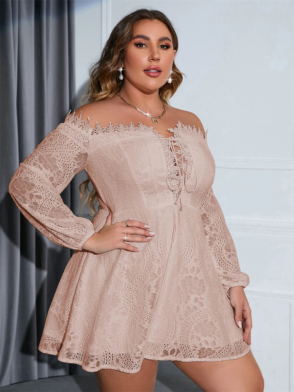 Macy Plus Size Dresses for Women Sexy Off Shoulder Lace Up A Line Mini Lace Dress Chic Elegant Woman Dress Long Sleeves 1102