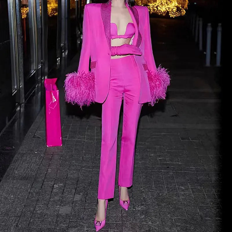 Macy Fashion Splicing Feather Women Blazers Pant Sets Casual Single Button Long Sleeve Loose Jacket Coat Female Solid Blazer Top
