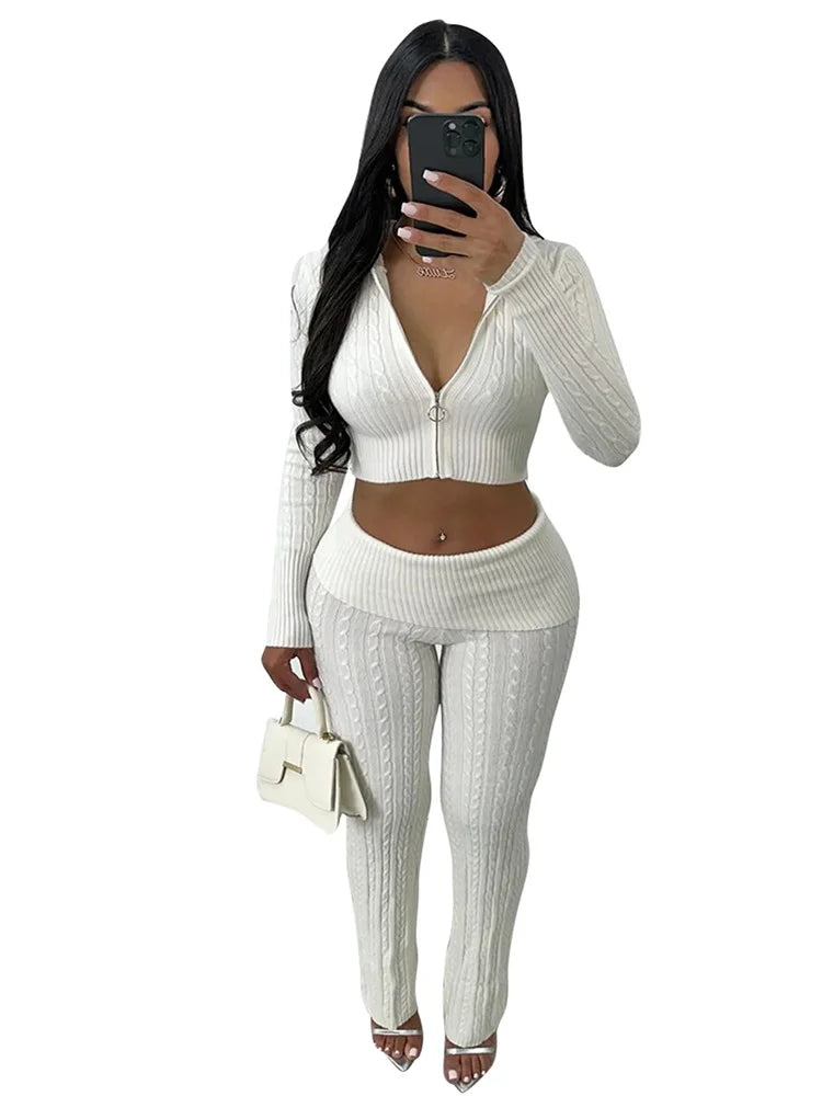 Maxy New 2 Piece Sets Women Clothing Pants Sets Casual Solid Color Knitted Long Sleeved Two-piece Set