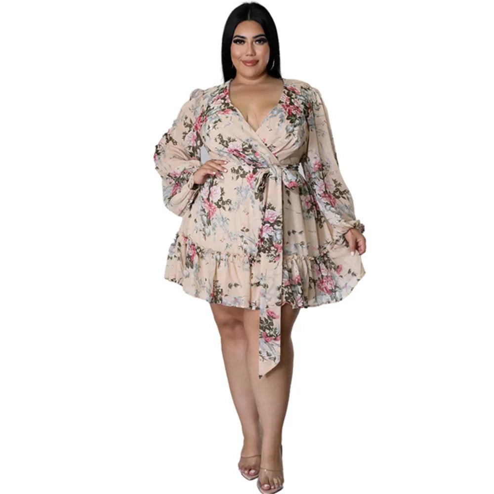 Maxy Dresses Women Plus Size 5xl Sexy Party Flower Print Mini Dress Loose Elegant Casual Outfits