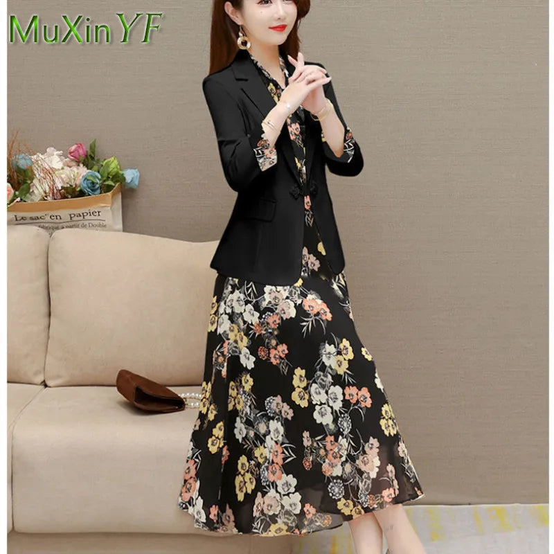 Korean Babs Elegant Suit Jacket Dress Set Women's Autumn New Fashion Blazer Coat Chiffon Floral Dresses Two Piece Female Clothing