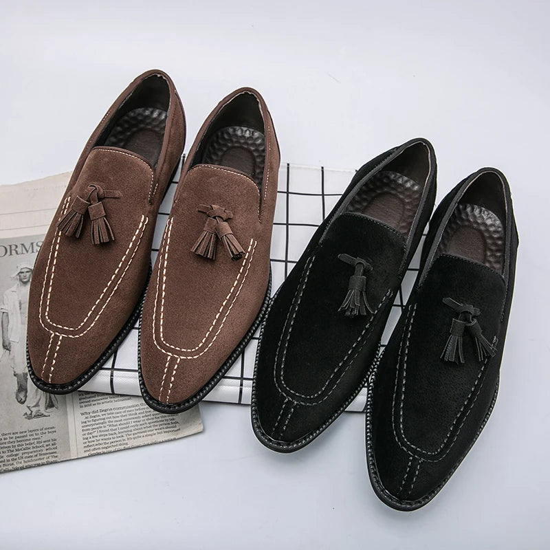 Visco Men's Loafers Brand Suede Leather Shoes Vintage Slip-on Classic Casual Men Driving Shoes Wedding Male Dress Shoes Tassel pointed