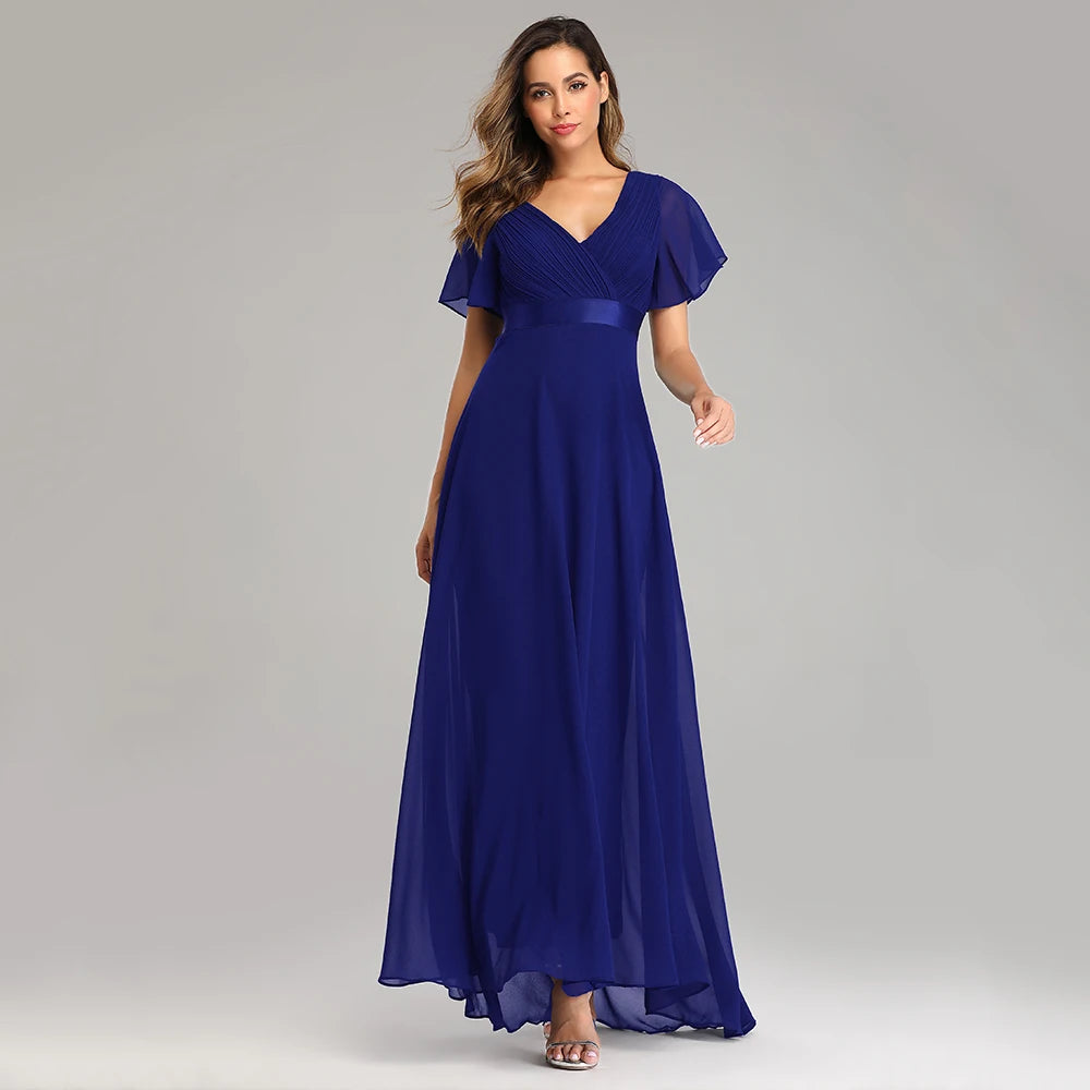 Maxy Evening Dresses XUCTHHC Elegant V-Neck Ruffles Chiffon Formal Evening Gown Robe Dress for Wedding Party