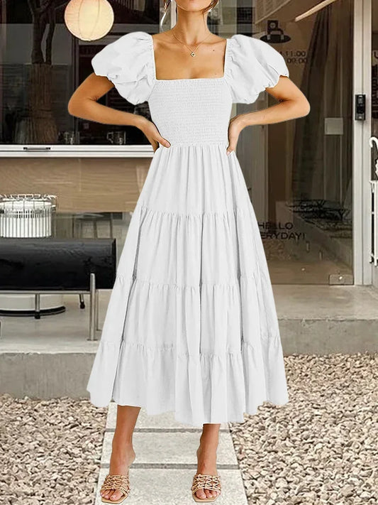 Vestido Dress Women Clothing Ruffles Ruched A-Line Frock Square Neck Short Sleeve Dress Vacation Streetwear Outfits Summer