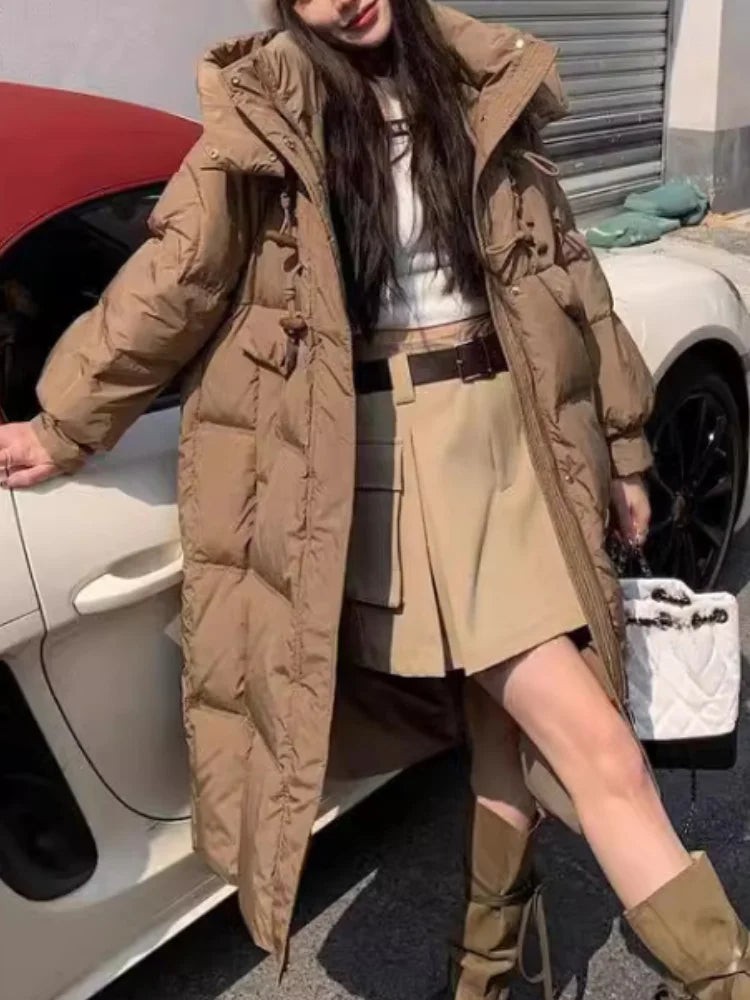 Maxy Thick Windproof Down Jacket for Women, Warm Parka with Button Pocket, Mid-length Outerwear, High Street, Winter, New,