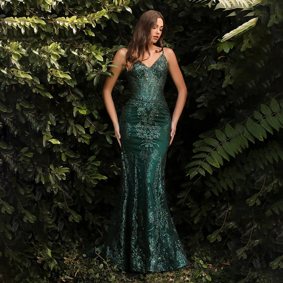 Sexy Lace Embroidery Glitter Sequined Mermaid Prom Dress 2023 Luxury Spaghetti Straps Formal Party Long Evening Gowns For Women