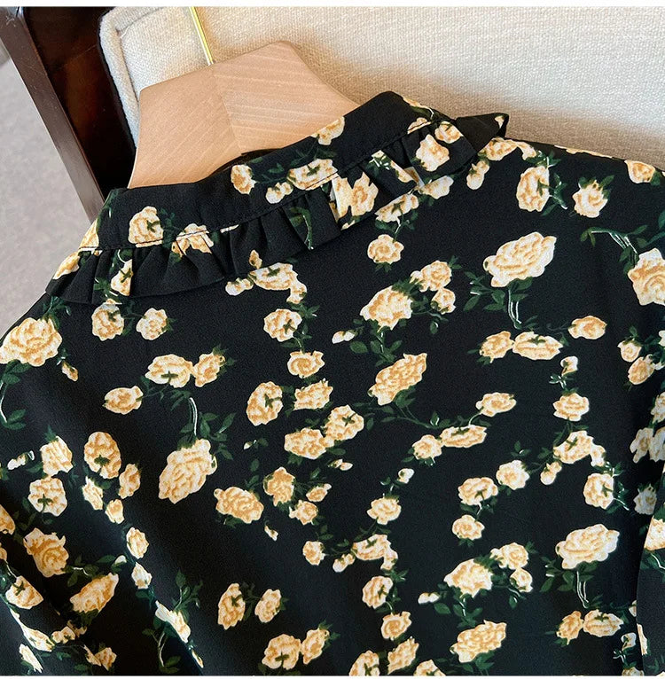 Momsey150Kg Plus size Women's Bust 150 Spring Autumn New Loose Long-Sleeved Lapel Floral Shirt-Dress Black 5XL 6XL 7XL 8XL 9XL