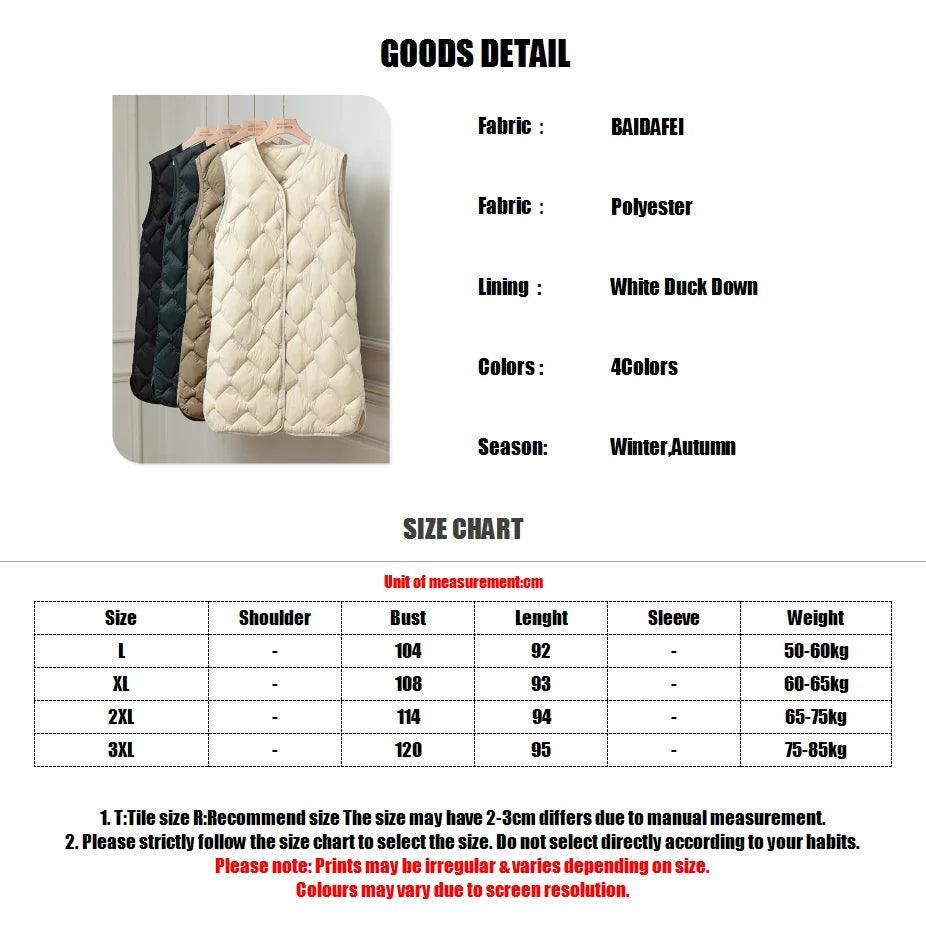 Maxy Plus Size Female Korean V-neck Casual Ultra-Light Vest Coat Autumn Winter Women X-Long White Duck Down Warm Sleeveless Jackets