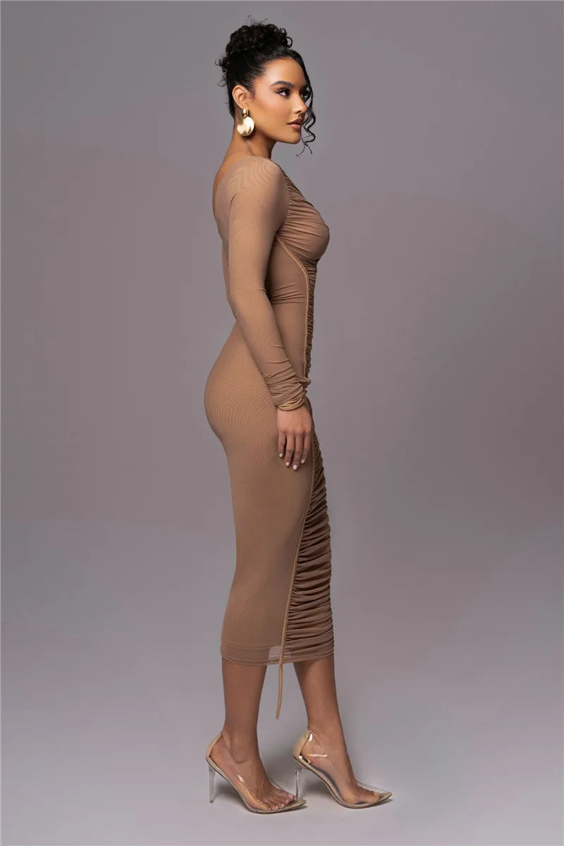 Maxy Diagonal Collar Long Sleeve Midi Dress for Women Two Layer Mesh Backless Bodycon Club Party Sexy Long Dress