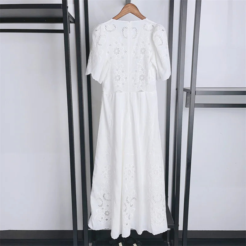 Momsey 2024 Spring Summer Women Dress Embroidery Hollow out White or Black Short Sleeve Female O-neck Midi Robe