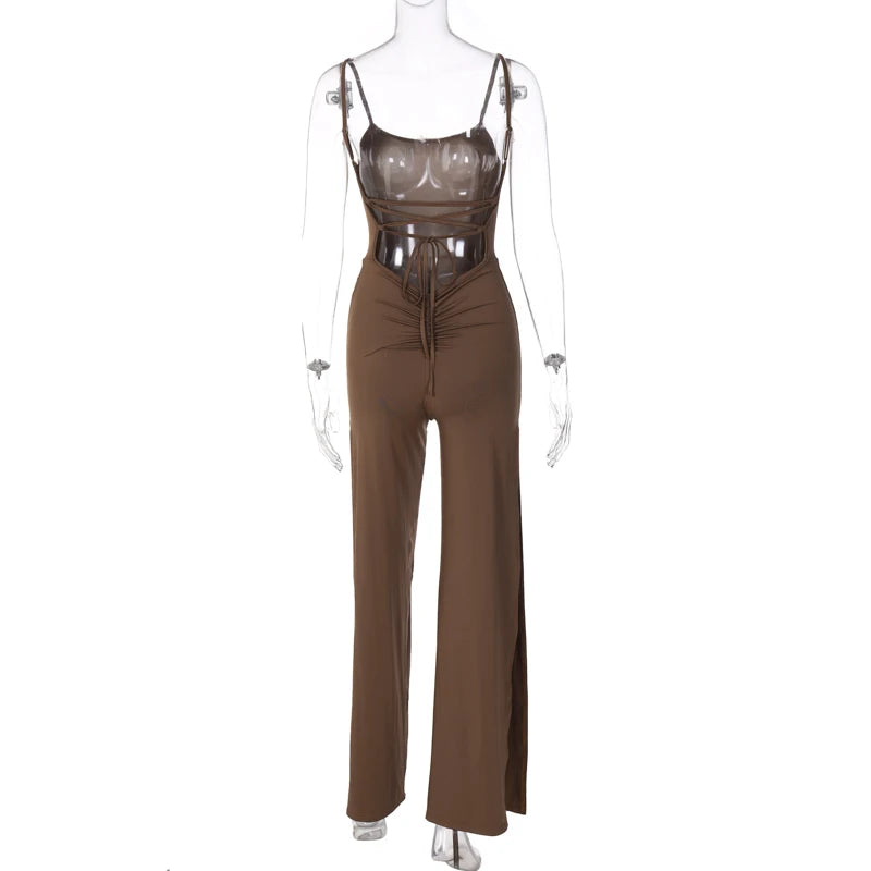 Maxy Summer Women Sexy Y2K Lace Up Backless Strap Rompers Slit Wide Leg Jumpsuit Outfits Vacation Streetwear Overalls