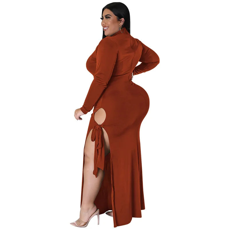 Maxy Plus Size Fall Clothing Women Long Sleeve Fashion High Slit Split Sexy Hollow Out Long Maxy Dress