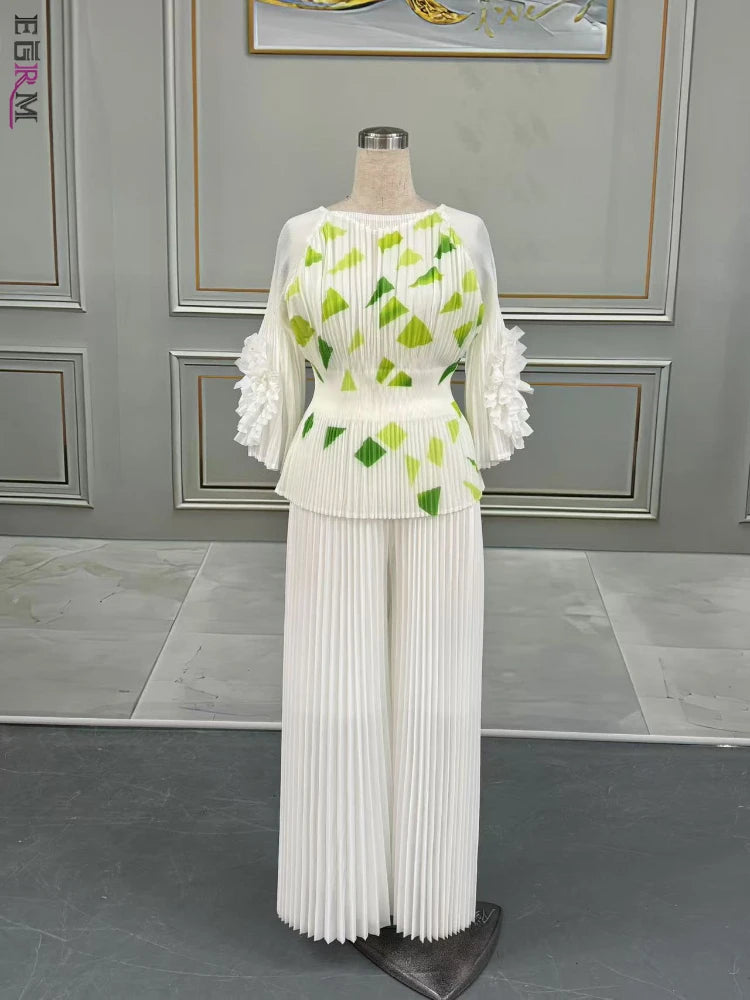 Maxy Pleated Print Pants Set Women O-Neck 3D Flowers T Shirt + Wide Leg Trousers Loose New 2025 Female Two Piece Sets
