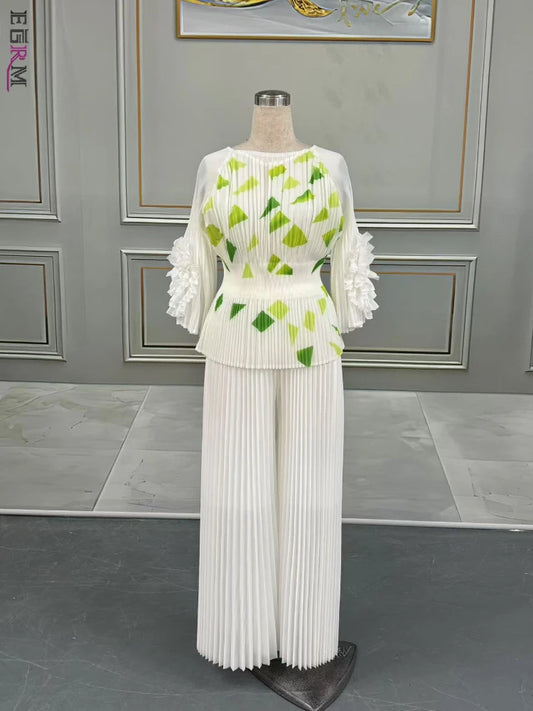 Maxy Pleated Print Pants Set Women O-Neck 3D Flowers T Shirt + Wide Leg Trousers Loose New 2025 Female Two Piece Sets
