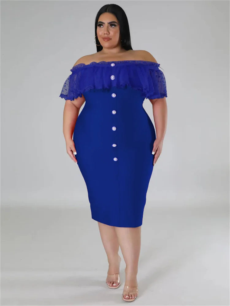 Maxy Plus Size Party Dress Women Clothing Solid Mesh Patchwork Off Shoulder Dress Fashion Outfits