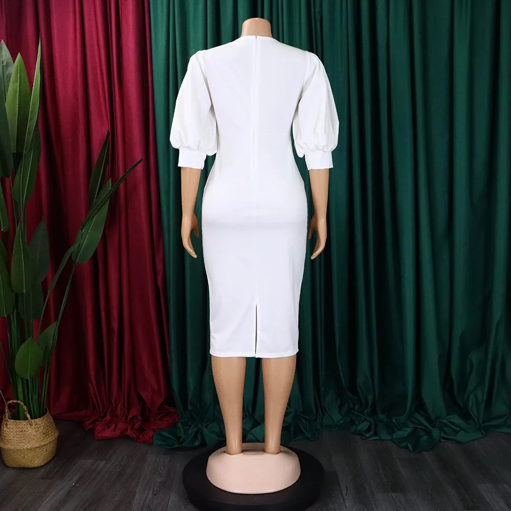 Babs Elegant Women Wear Office African Dress Summer Puff Sleeve Pencil Wrap Hip Midi Dress Africa Clothing White Robe Lady Party