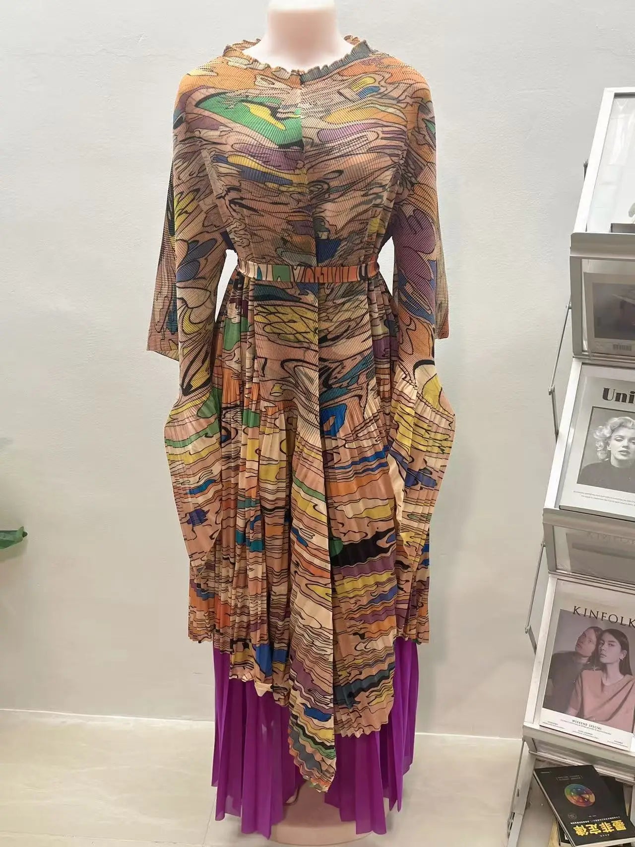Maxy African Miyake pleated printed suit top + wide-leg straight pants two-piece fashion women's clothing summer new