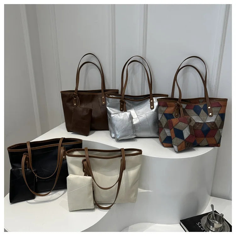 Maxy Vintage Patchwork PU Leather Casual Tote Bags For Women, Large Capacity Shoulder Bag Ladies Handbags And Purses